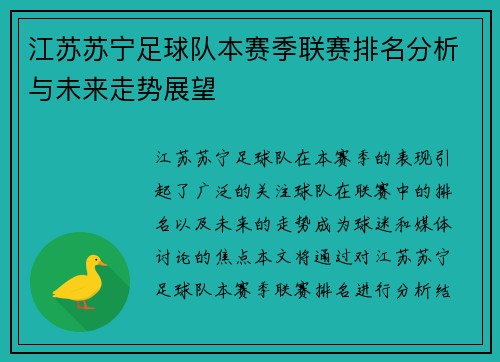 江苏苏宁足球队本赛季联赛排名分析与未来走势展望