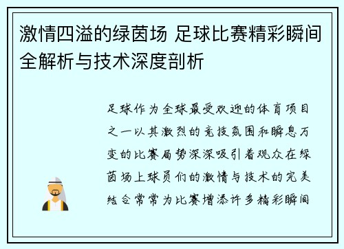 激情四溢的绿茵场 足球比赛精彩瞬间全解析与技术深度剖析